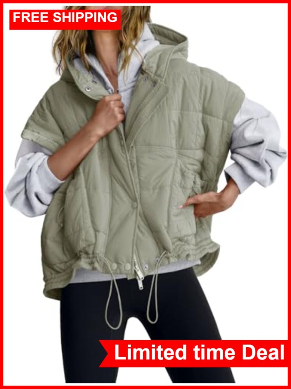 Women's Oversized Quilted Puffer Vest Hooded Zip Up Sleeveless Jacket